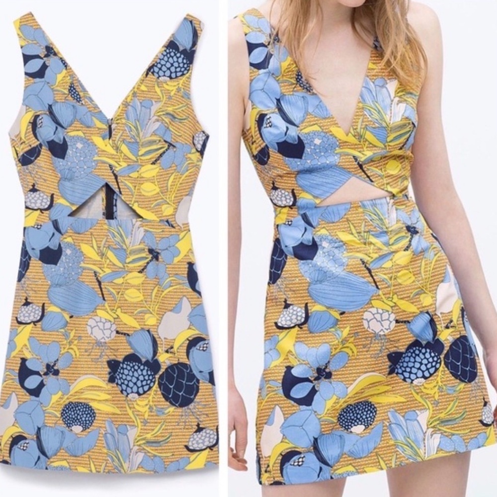 💛Zara Blue Floral Cutout Mini Dress with Yellow Accents💙